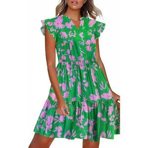 Women Summer Floral Ruffle Sleeve Tiered Mini Dress with Pockets